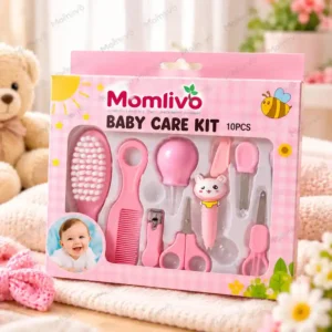 Momlivo 10-piece pink baby grooming and care kit with brush, comb, nail clipper and nasal aspirator