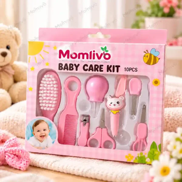 Momlivo 10-piece pink baby grooming and care kit with brush, comb, nail clipper and nasal aspirator