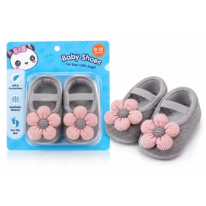 Grey cotton baby shoes with pink flower and non-slip rubber sole