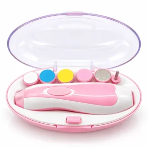 Pink electric baby nail trimmer in its case with 6 replaceable filing heads