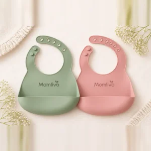 Momlivo silicone baby bibs with food catcher pocket in sage green and pink