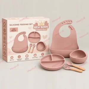 Pink silicone baby feeding set with bib, divided suction plate, bowl, spoon and fork, with gift box