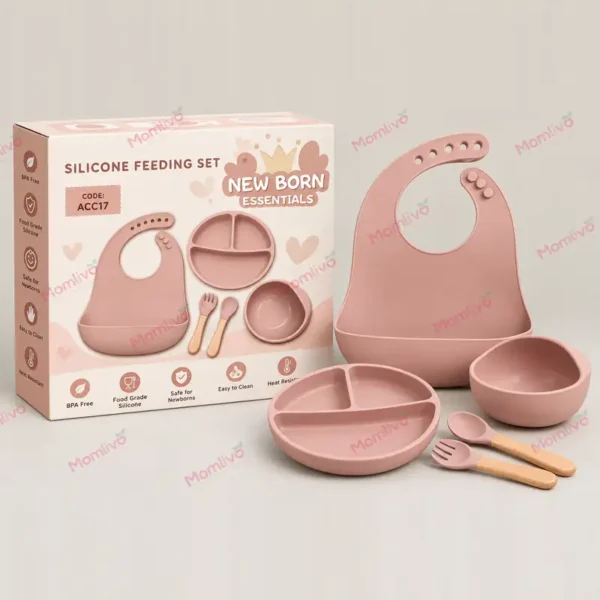 Pink silicone baby feeding set with bib, divided suction plate, bowl, spoon and fork, with gift box